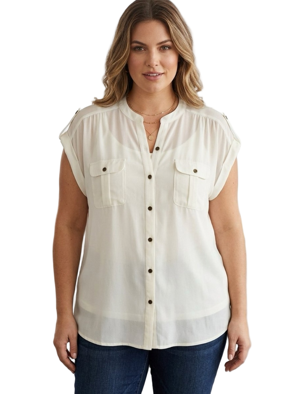 a.n.a Lightweight Sheer Cream Button-Front Cap Sleeve Blouse Size 2X